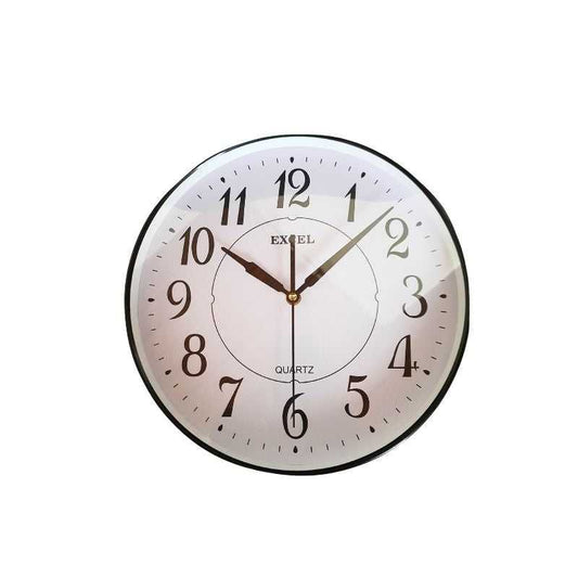 Classic 11-inch round wall clock with white face and bold black numbers, ideal for home and living spaces. Reliable quartz mechanism included.
