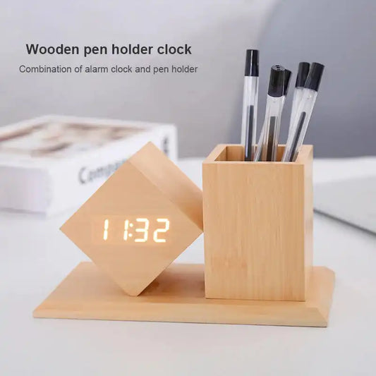 Wooden Pen Holder - LED Digital Alarm Clock with bright display and modern design, ideal for home or office desk organization.