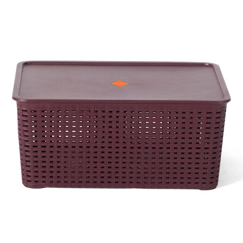 Dark maroon Rattan Deco Box 25L storage organizer with woven design and lid, perfect for stylish and secure household storage.