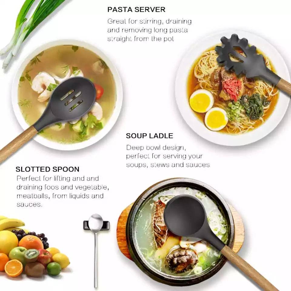 Grey silicone utensil set with wooden handles shown in use for pasta, soup, and vegetables, highlighting heat resistance and versatility.