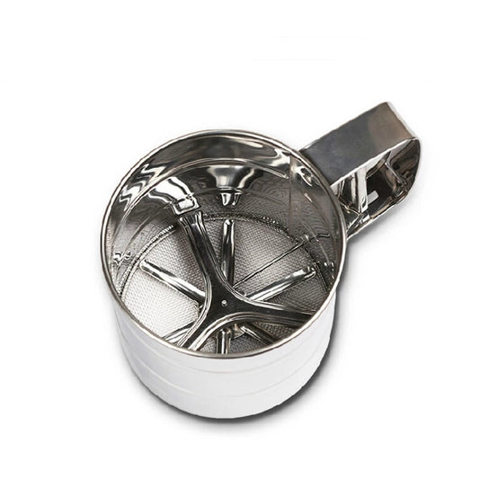 Top view of Stainless Steel Flour Sieve Sifter with integrated turning crank, ideal for baking, listed on Bamagate.com in Kitchen Tools.