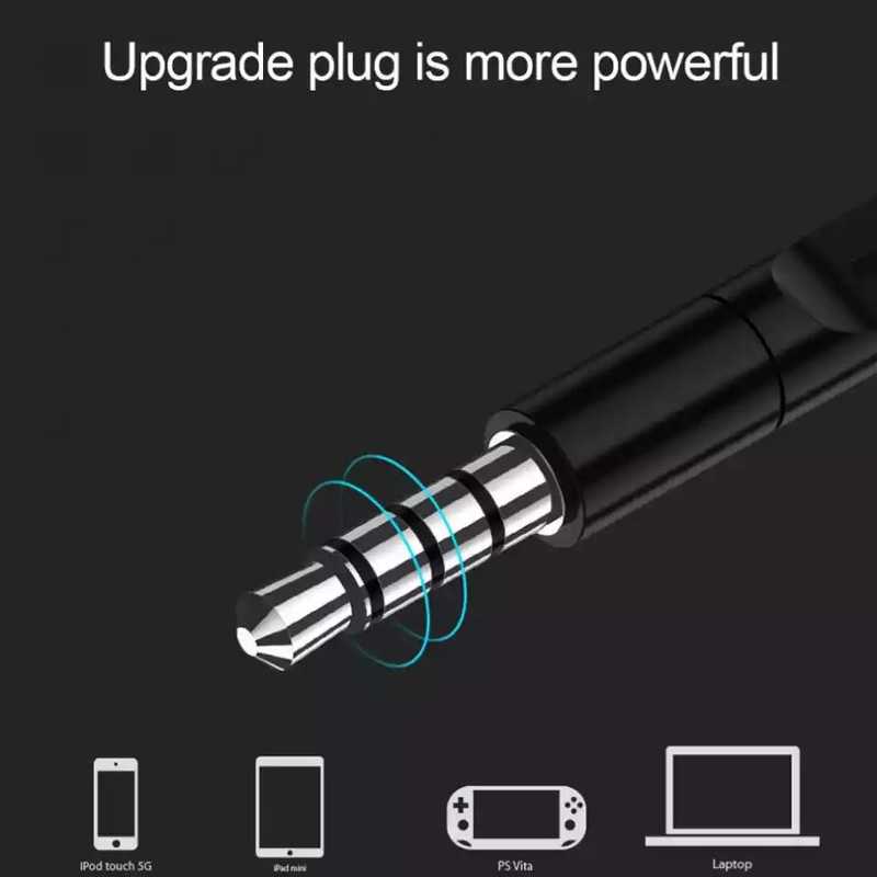 Upgraded 3.5mm stereo plug for earphones, compatible with iPod, iPhone, PS Vita, and laptops, ideal for mobile and tech accessories.