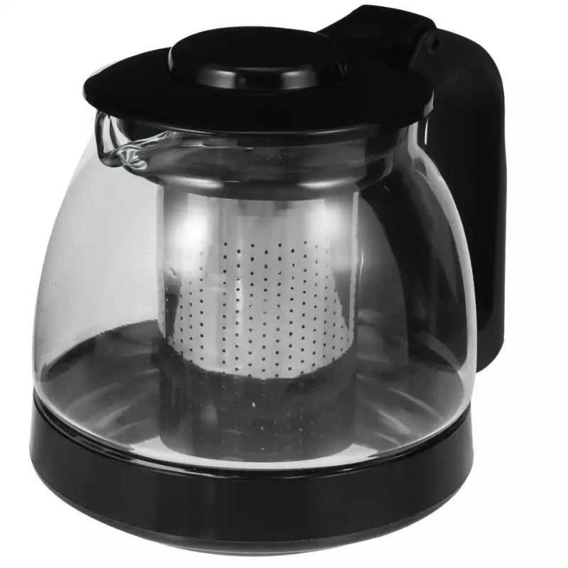 Glass teapot with built-in stainless steel filter and black plastic base, perfect for brewing loose leaf tea or coffee.
