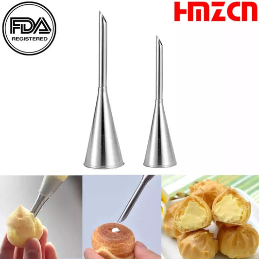 Cream Puff Nozzle Set with two stainless steel icing nozzles for filling desserts like cupcakes and puffs. Ideal for baking and decorating use.