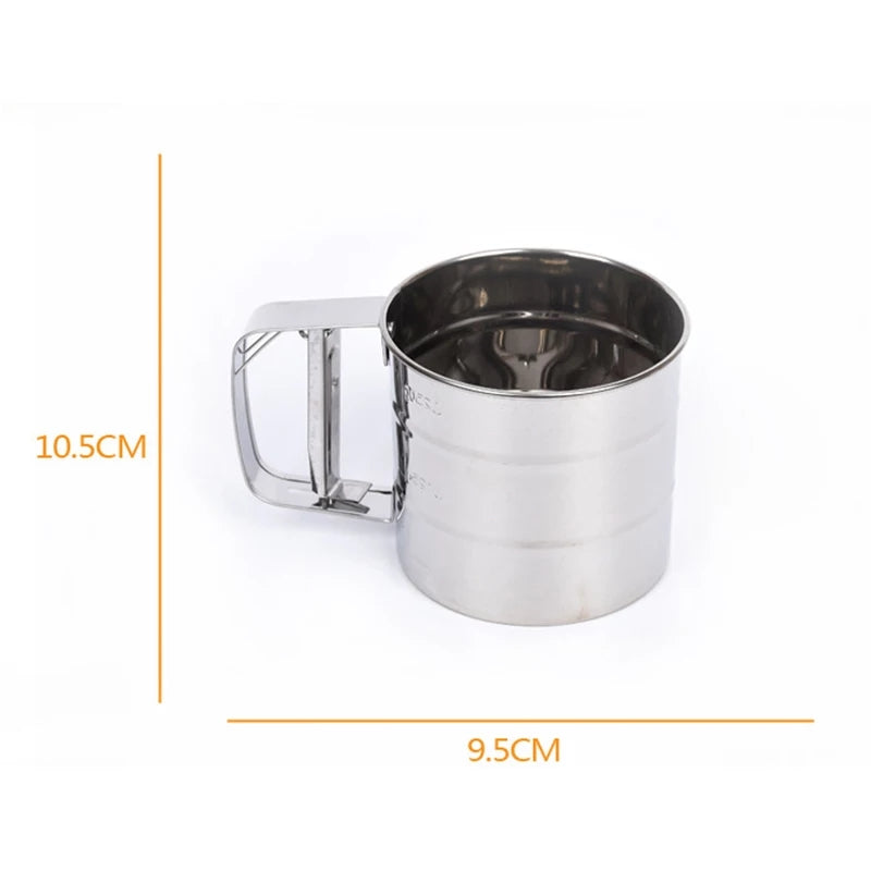 Flour Sifter with Rotary Hand Crank | Stainless Steel displayed with dimensions 10.5 cm height and 9.5 cm diameter, ideal for kitchen use.