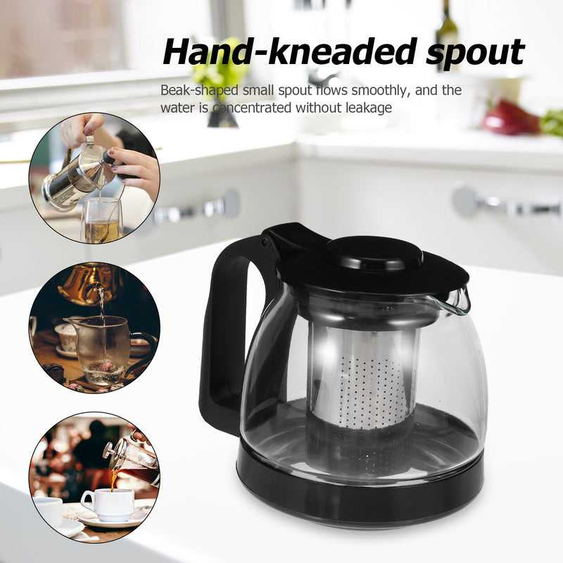 Glass teapot with filter and plastic base shown in kitchen setting, highlighting hand-kneaded spout for smooth, leak-free pouring.