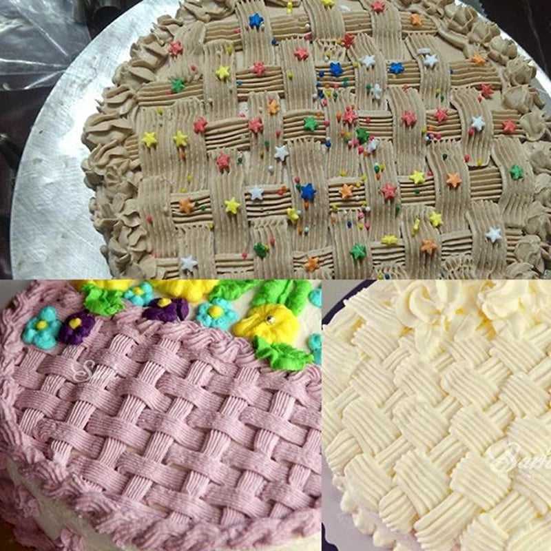 Decorated cakes using the Extra Large Wave Pattern Icing Nozzle #789, showcasing basket weave and textured frosting effects for pro-style results.