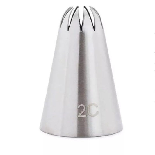 Stainless steel #2C icing nozzle with engraved size marking, ideal for precise cake and cupcake decoration. Durable cake decorating tool.