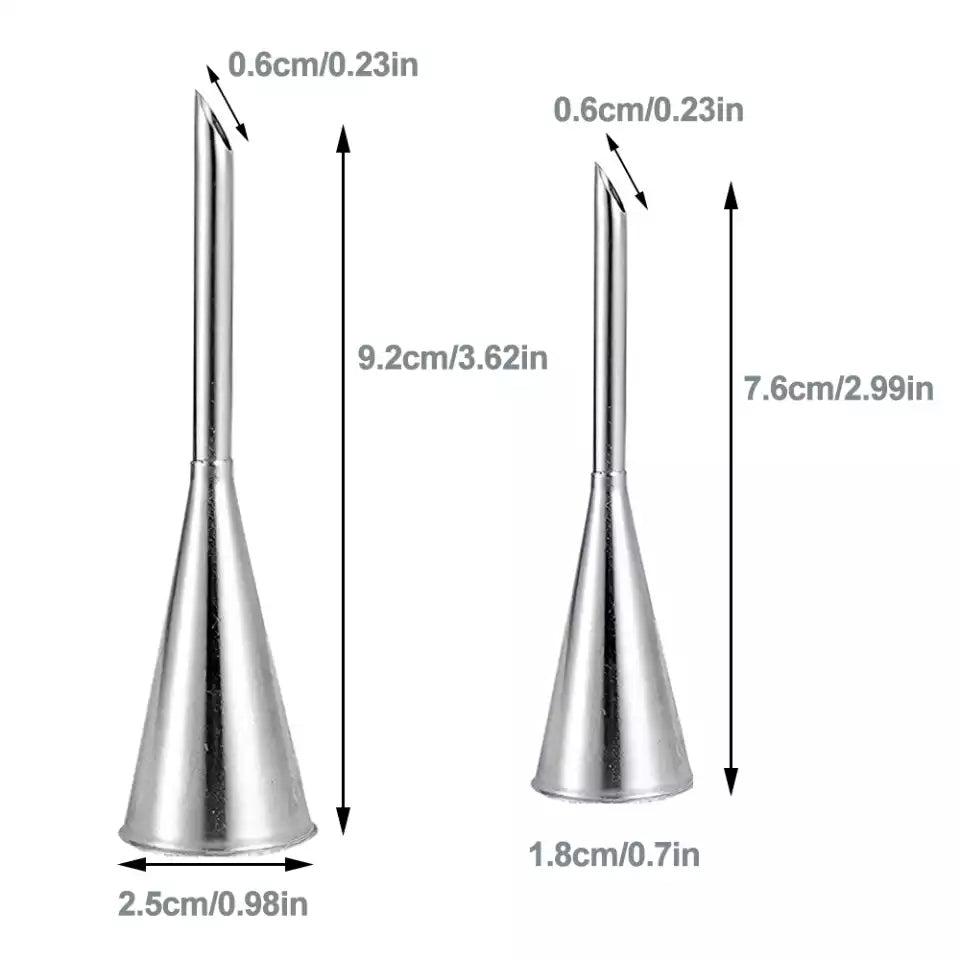 Cream Puff Nozzle Set with size dimensions for each nozzle. Includes two stainless steel nozzles for dessert filling and cake decorating.