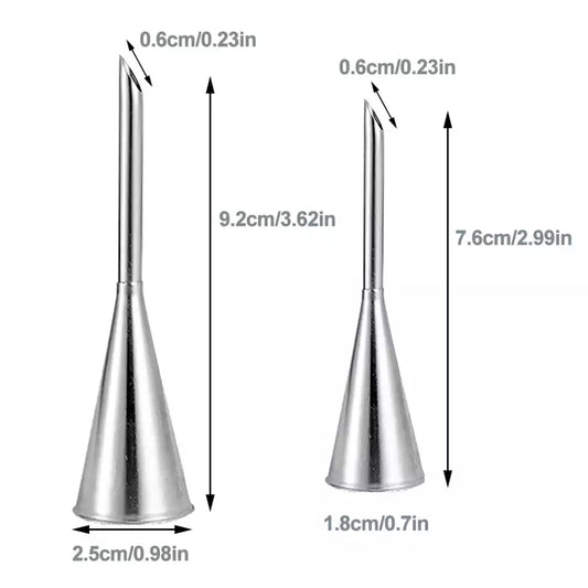 Cream Puff Nozzle Set with size dimensions for each nozzle. Includes two stainless steel nozzles for dessert filling and cake decorating.