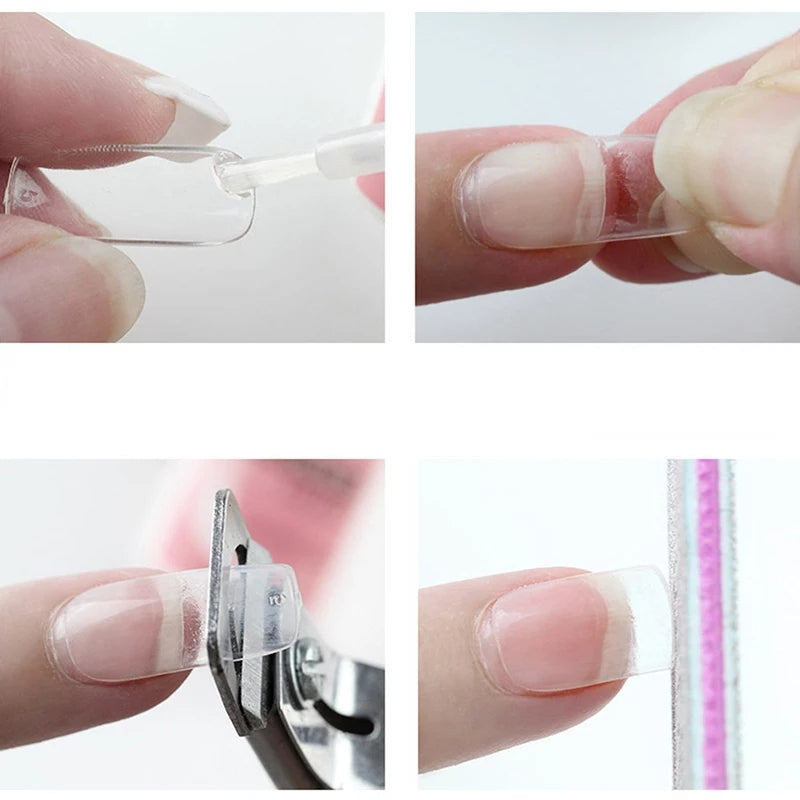 Step-by-step application of Nail Glue for Nail Tips | Instant Adhesion Glue Waterproof showing clear nail tip bonding and trimming process.