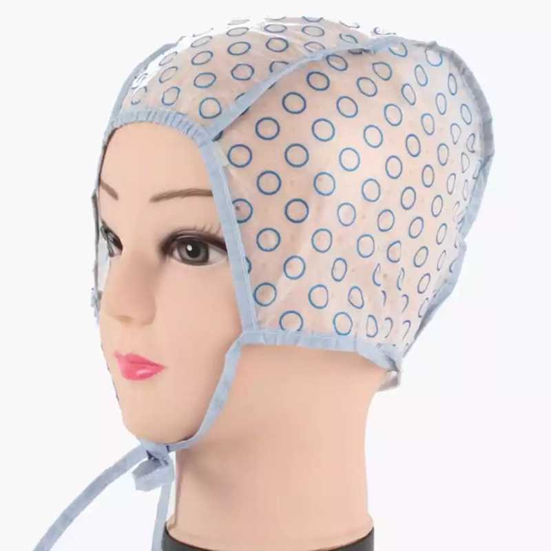 Home & Salon Hair Dye Cap with blue dotted design, shown on mannequin head for hair coloring applications in Sri Lanka.