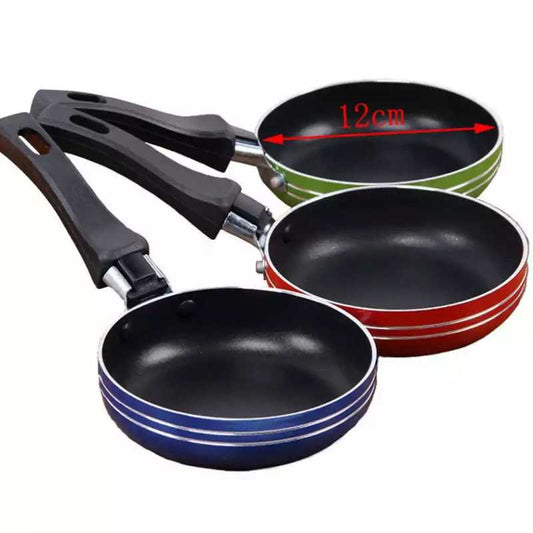 Set of 12 cm Mini Egg Pans in red, green, and blue with nonstick coating and cool touch handles. Perfect for frying eggs on gas stoves.