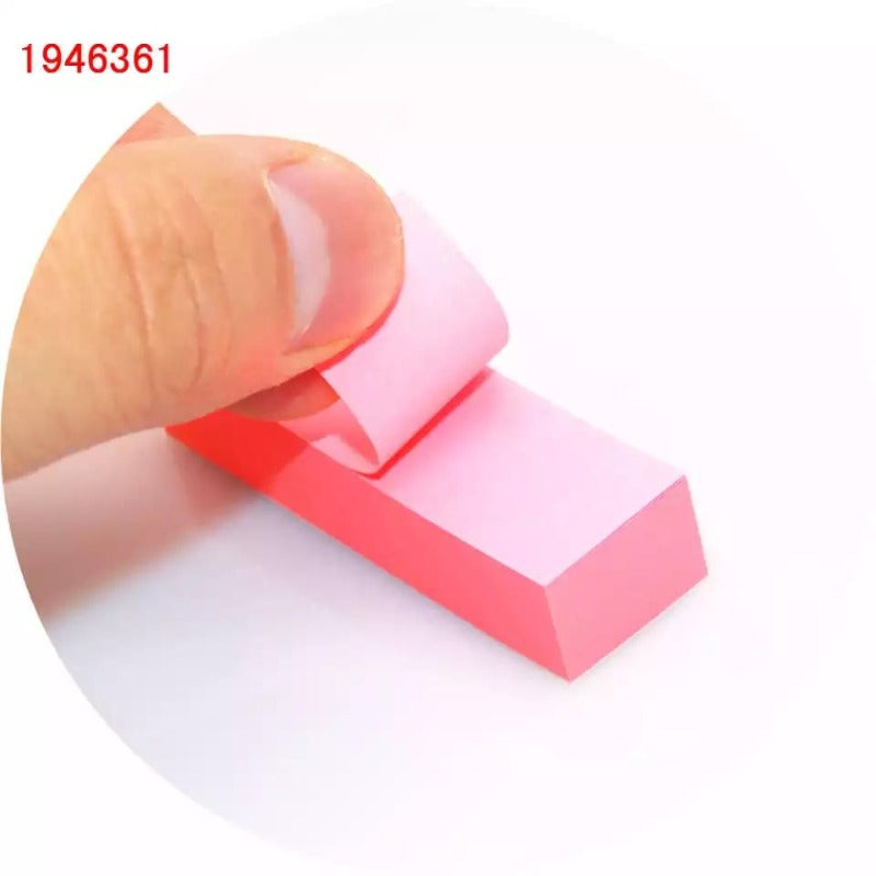 Close-up of a hand peeling a pink 1 x 3 inch sticky note from a super sticky 5-colour pad, ideal for reminders and notes.