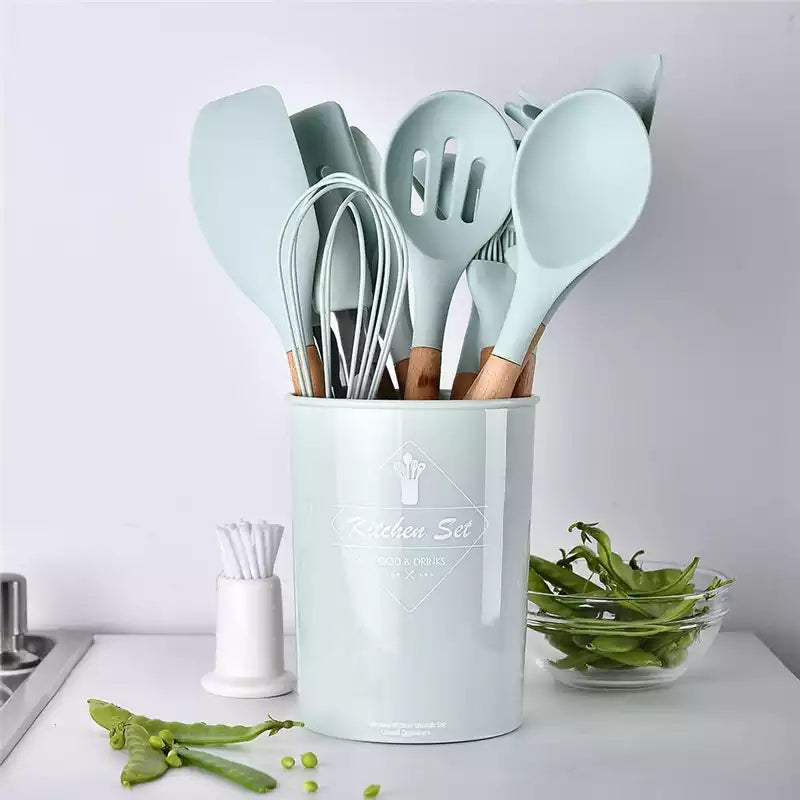 Silicone Utensil Set with Wooden Handle