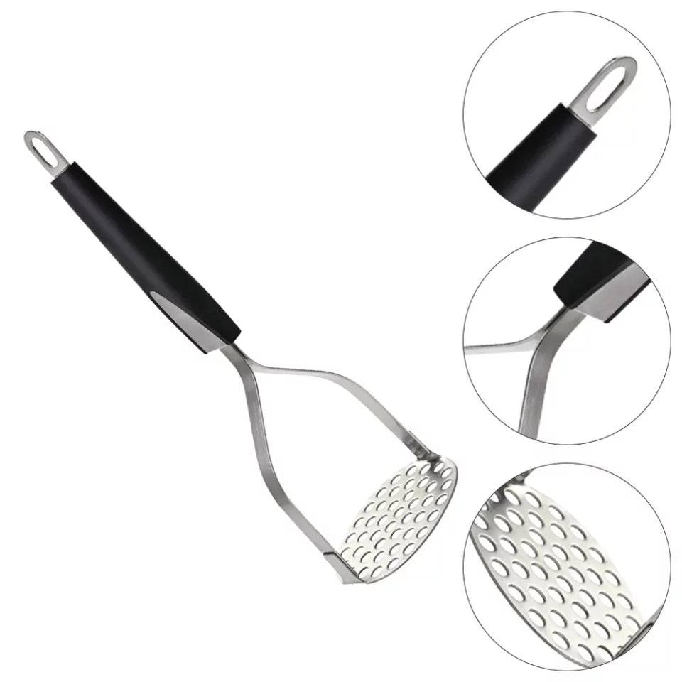 Stainless steel potato masher kitchen tool with ergonomic black handle and concave mashing plate. Ideal for efficient mashing in Sri Lankan kitchens.