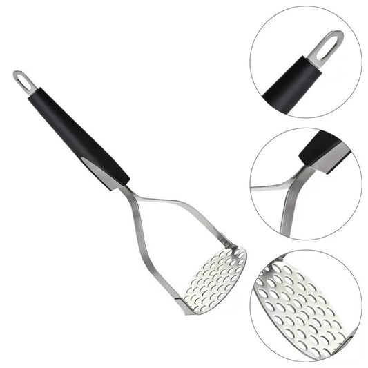 Stainless steel potato masher kitchen tool with ergonomic black handle and concave mashing plate. Ideal for efficient mashing in Sri Lankan kitchens.