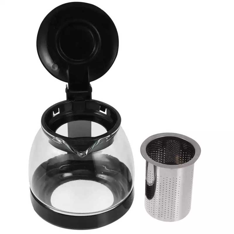 Open glass teapot with removable stainless steel filter beside it, featuring easy-clean design and durable plastic bottom.