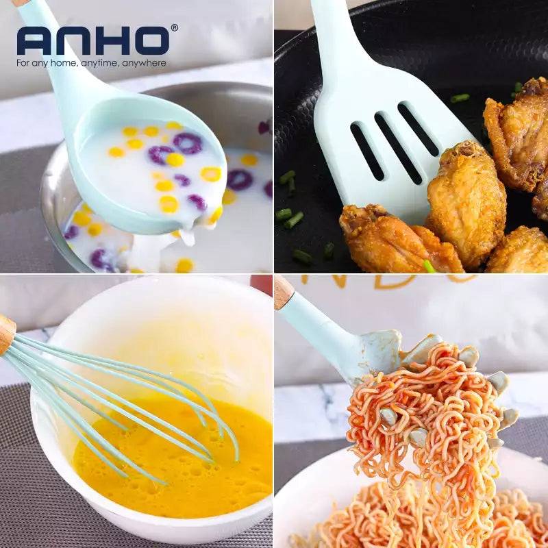 Light blue silicone utensils in action, mixing eggs, serving noodles, and frying, showcasing heat resistance and ergonomic design.