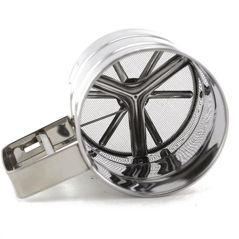 Close-up of Flour Sifter with Rotary Hand Crank | Stainless Steel showing internal mesh and rotary mechanism for efficient flour sifting.