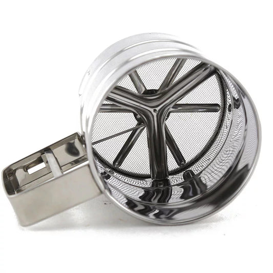 Close-up of Flour Sifter with Rotary Hand Crank | Stainless Steel showing internal mesh and rotary mechanism for efficient flour sifting.