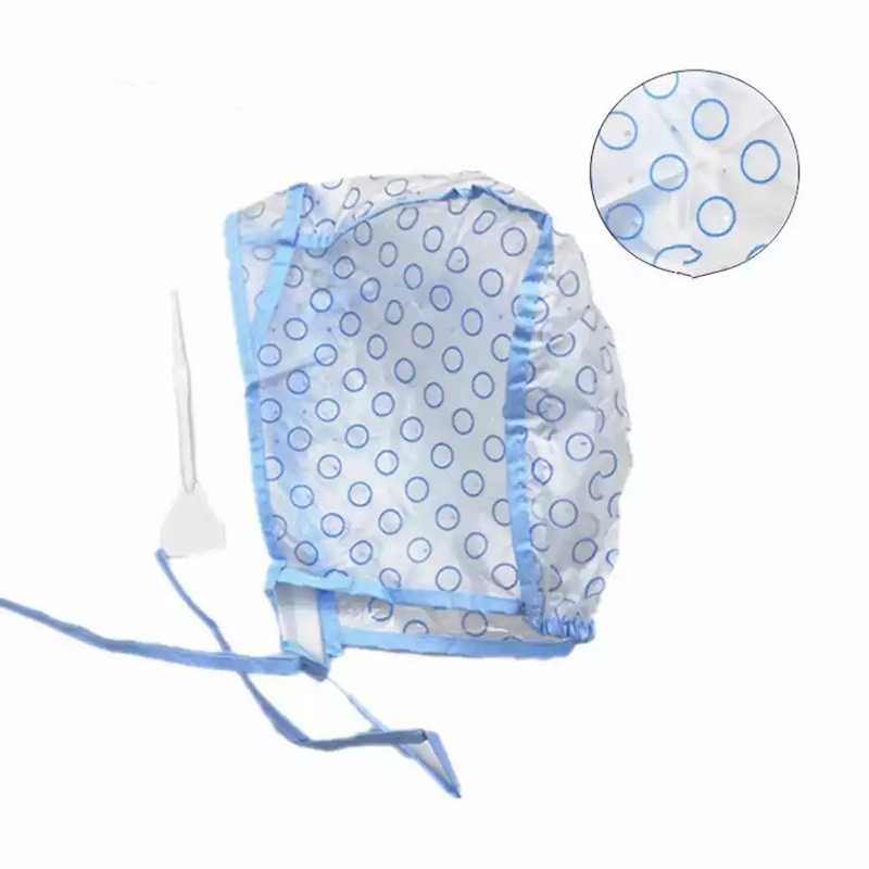 Hair Dye Coloring Cap with brush tool, featuring clear PE+PVC material and blue dotted pattern for easy home or salon use in Sri Lanka.