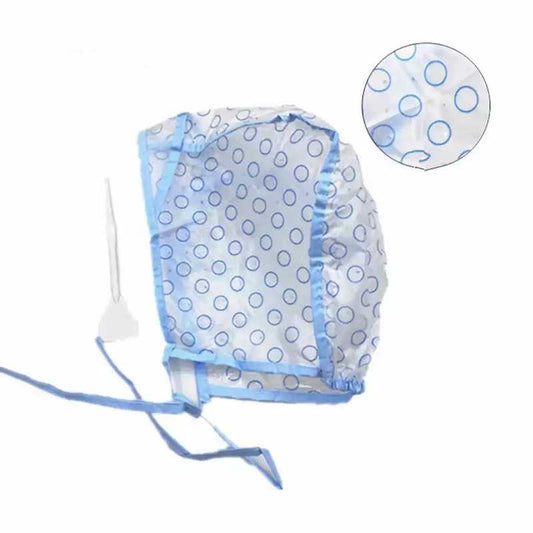Hair Dye Coloring Cap with brush tool, featuring clear PE+PVC material and blue dotted pattern for easy home or salon use in Sri Lanka.