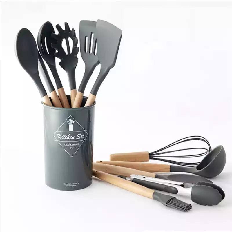 Silicone utensil set wood handle - grey, 12 pcs with heat-resistant tools in holder, ideal for modern kitchen cooking and serving needs.