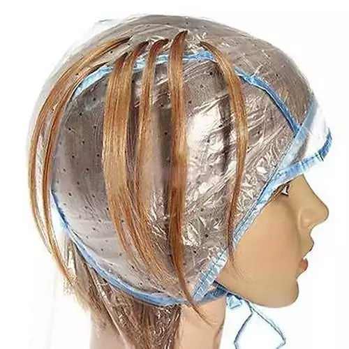 Hair Coloring Cap in use with hair strands pulled through perforated holes, ideal for salon or home dyeing sessions in Sri Lanka.