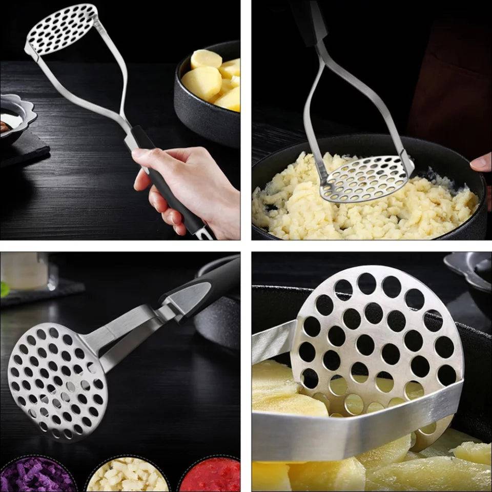 Potato masher kitchen tool in use, mashing boiled potatoes with ease. Features durable stainless steel build and comfortable grip for home cooking.