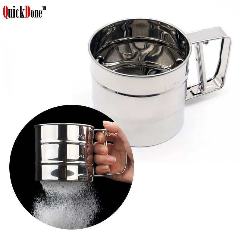 Stainless Steel Flour Sieve Sifter with Turning Crank for baking, shown sifting flour, available at Bamagate.com under Flour Sifter category.