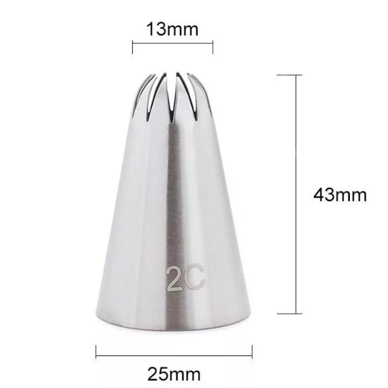 #2C icing nozzle with dimensions 43mm height, 25mm base, and 13mm tip opening. Professional cake decorating nozzle from Bamagate.com.