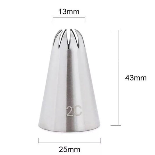 #2C icing nozzle with dimensions 43mm height, 25mm base, and 13mm tip opening. Professional cake decorating nozzle from Bamagate.com.