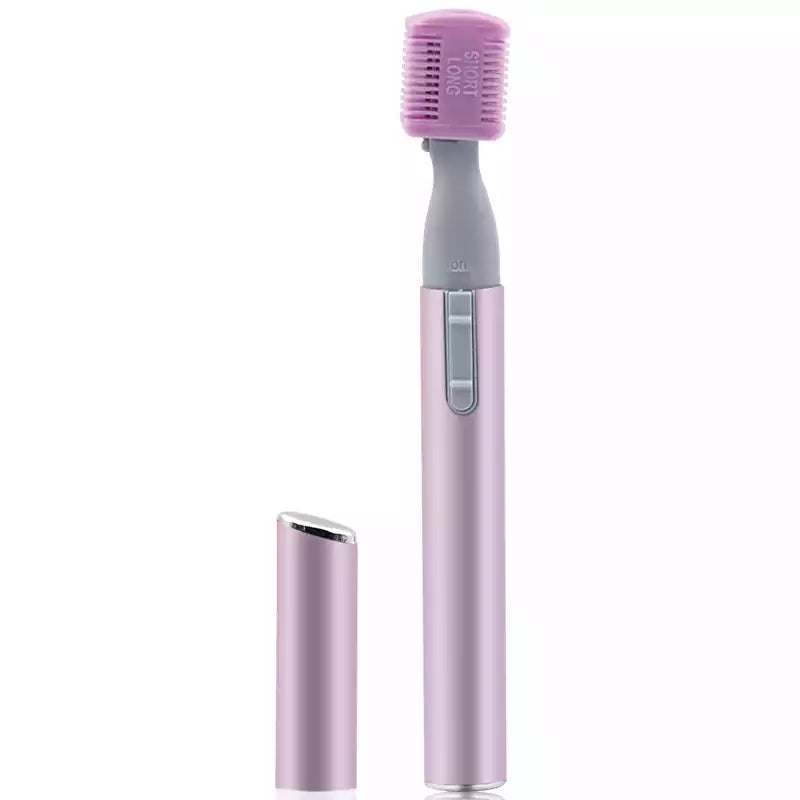 Electric face eyebrow scissors hair trimmer in pink with detachable comb brush for precise grooming. Ideal for shaping eyebrows and removing facial hair.
