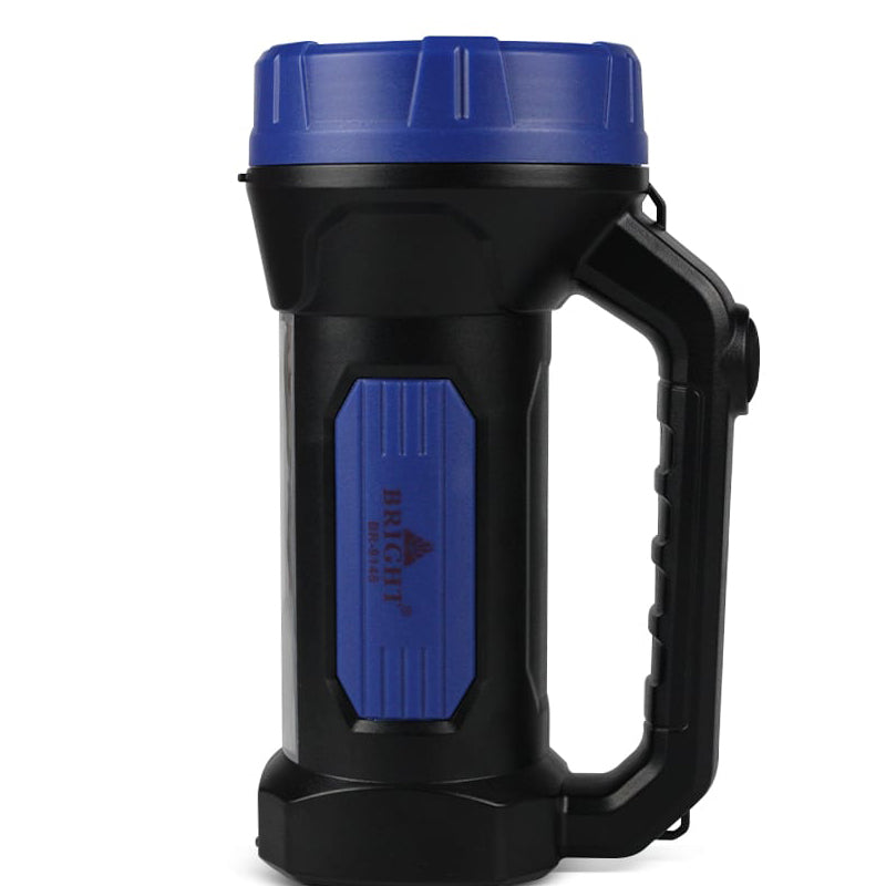Bright Rechargeable LED Light BR-9145 handheld torch in black and blue with vertical grip, perfect for power failures and room essentials.