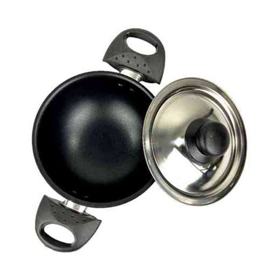 Top view of HACHI Non-Stick Hopper Pan 16cm featuring a nonstick surface, ergonomic handles, and a transparent lid for effortless appam preparation.