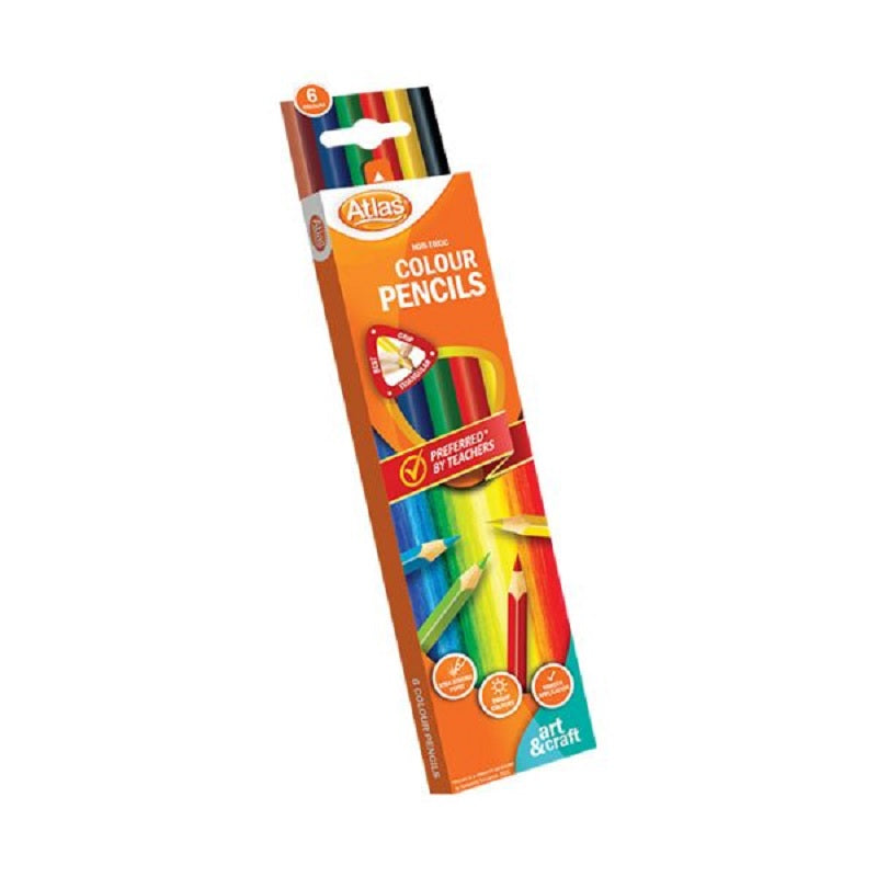 Atlas Colour Pencil 6 Colours pack with vibrant shades for school art projects. Strong lead ideal for drawing and colouring, available at Bamagate.com.