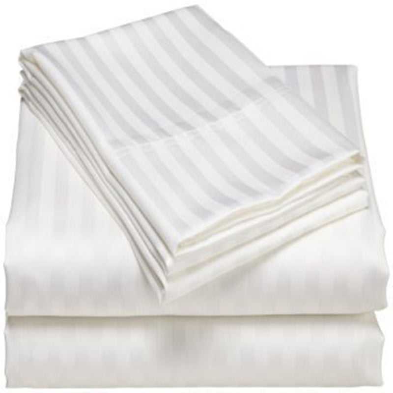Folded white king size bed sheet set with subtle stripe pattern, includes 1 flat sheet and 2 pillow covers. Ideal for home bedding collections.