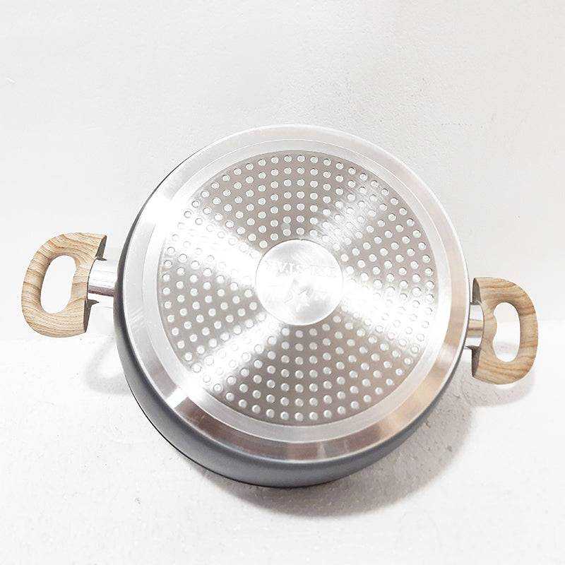 Bottom view of Tri Start Granite Casserole showing induction-compatible base with heat distribution dots and ergonomic wooden handles.