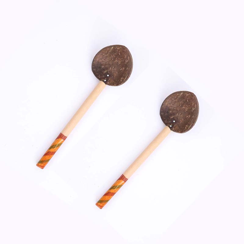 Coconut Shell Rice Spoon 2 PCS Set with natural wooden handles, ideal for nonstick cookware. Handmade eco-friendly kitchen utensil from Bamagate.com.