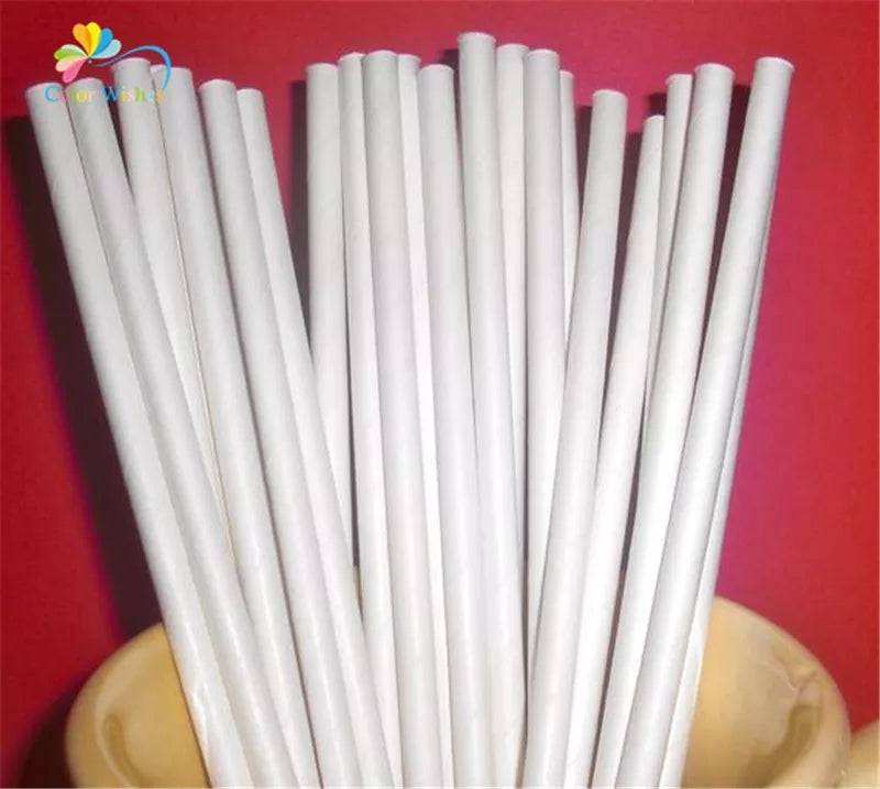 Durable white paper straws 8mm displayed in a yellow container, 100 PCS biodegradable pack for party and office supplies.