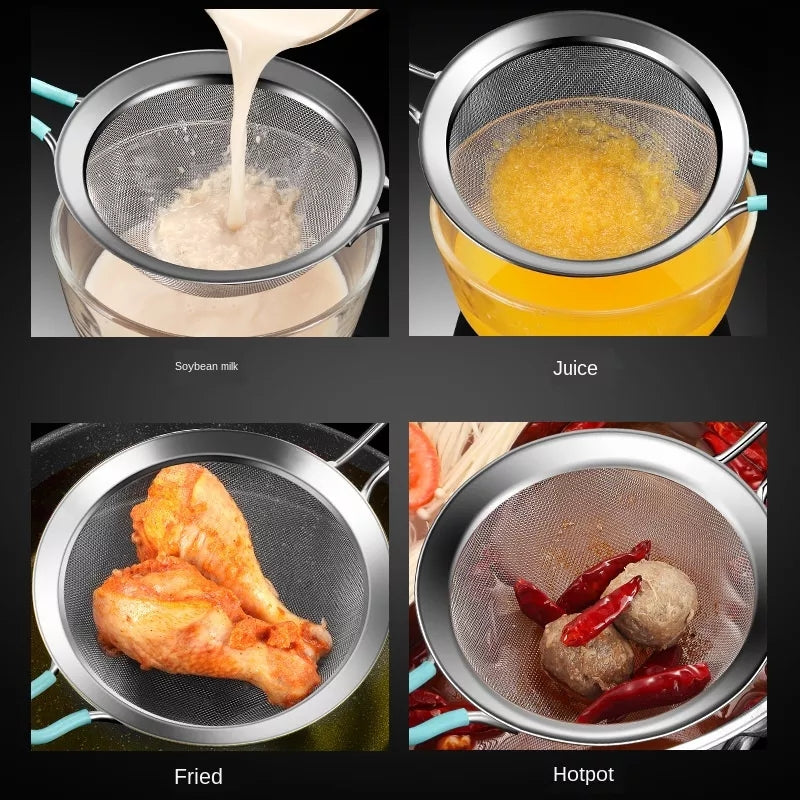 Stainless Steel Strainer Fine Mesh 18 cm used for straining soybean milk, juice, fried food, and hotpot. Multi-purpose kitchen strainer tool.