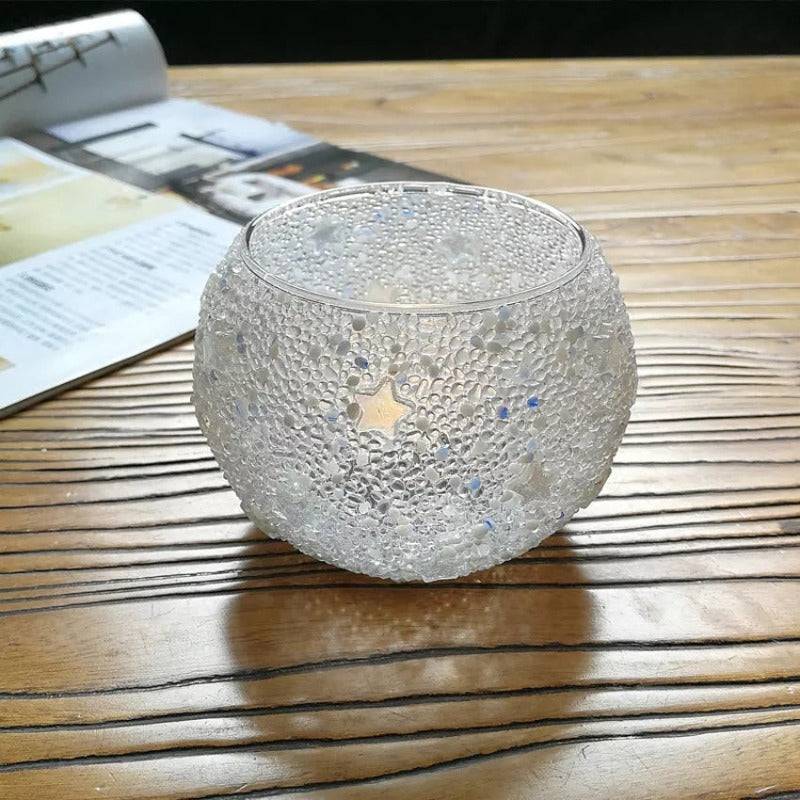 Large mosaic glass candle holder with textured star design, ideal for tealights or candles. Adds ambient glow to home decor settings.
