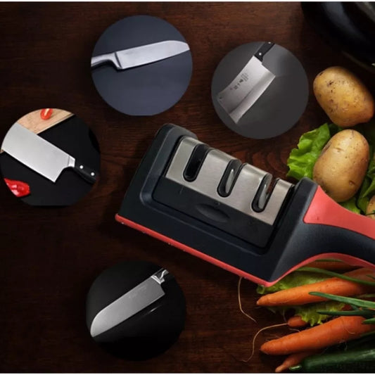 Knife Sharpener Tungsten Steel with three sharpening stages shown beside various kitchen knives and vegetables. Knife Sharpener Sharpening Stone | Price in Sri Lanka.
