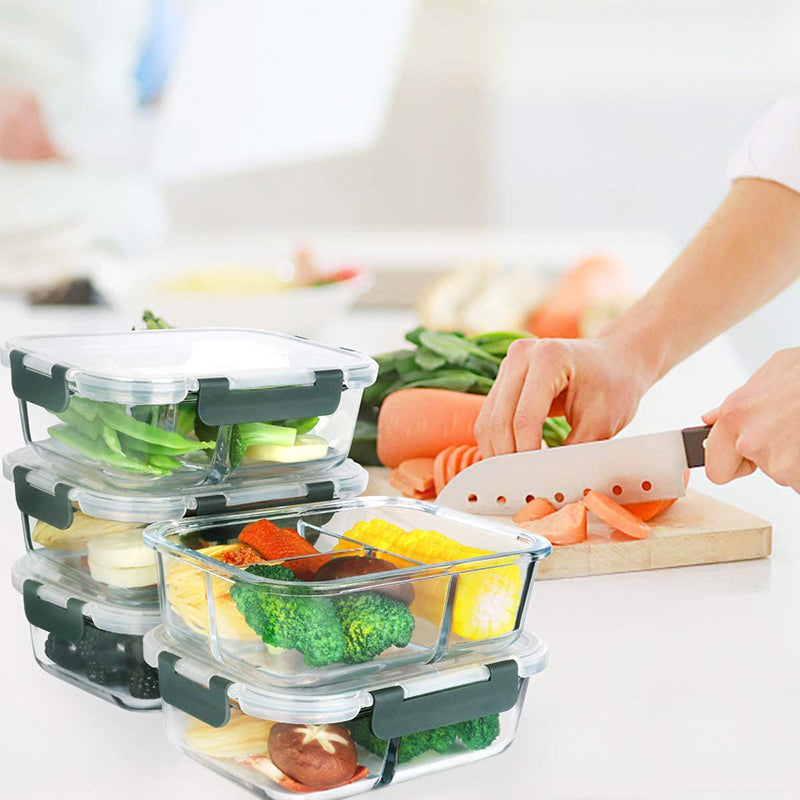 Stackable Glass Lunch Box Set with Three Compartments for meal prep and food storage, available at lowest price in Sri Lanka on Bamagate.com