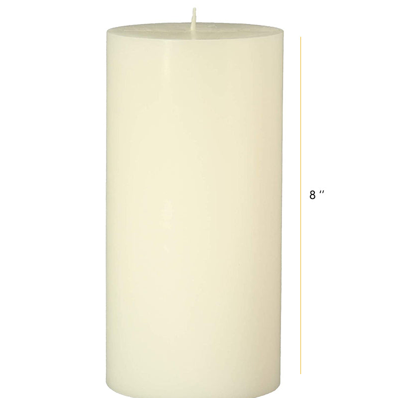 White 8 inch unscented pillar candle for weddings, fireplace decor, and religious ceremonies, sold by Bamagate.com in Sri Lanka.