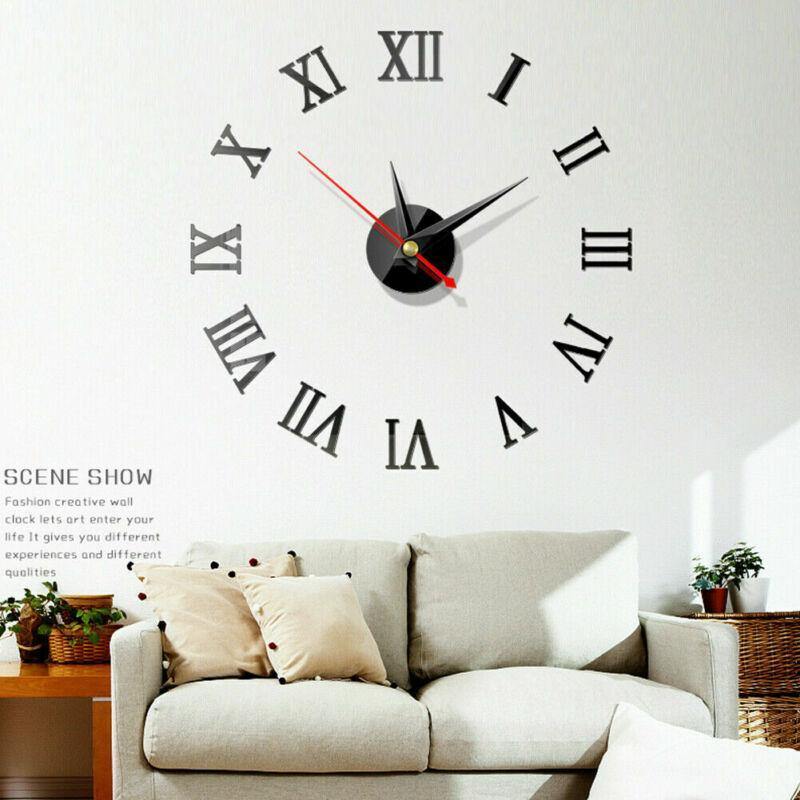 3D Sticker Wall Clock with Roman numerals in black acrylic mirror design above a beige sofa. Modern wall decor for living rooms in Sri Lanka.