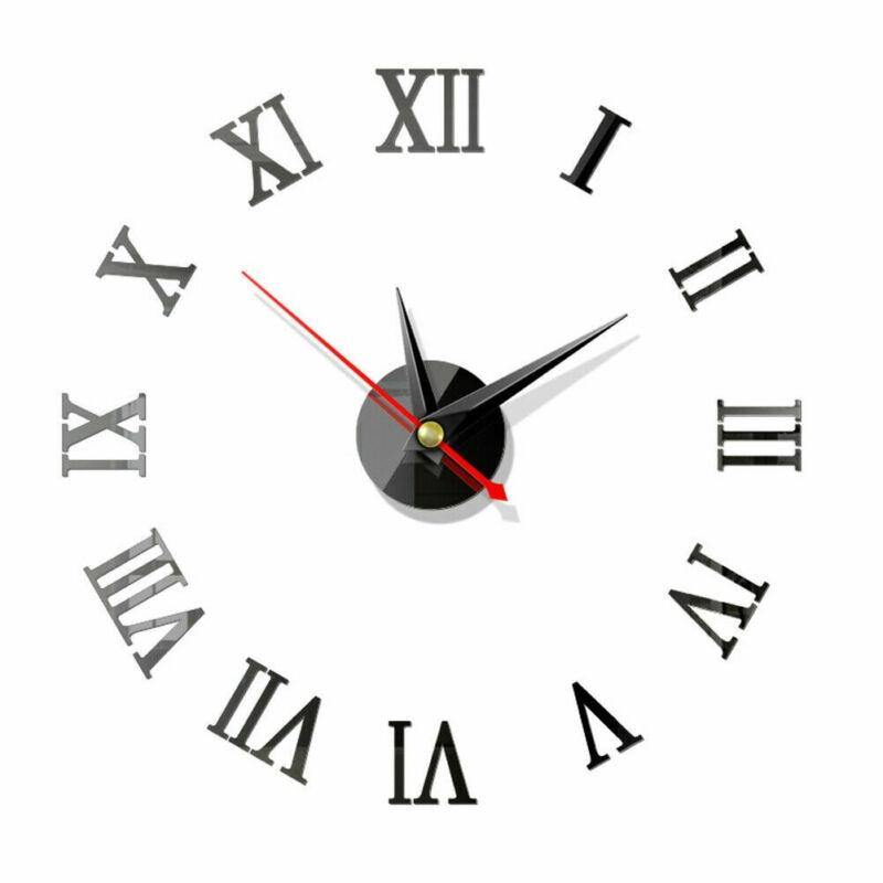 Minimalist 3D Acrylic Mirror Art Sticker Wall Clock with black Roman numerals and red second hand. Ideal for stylish home wall decoration.