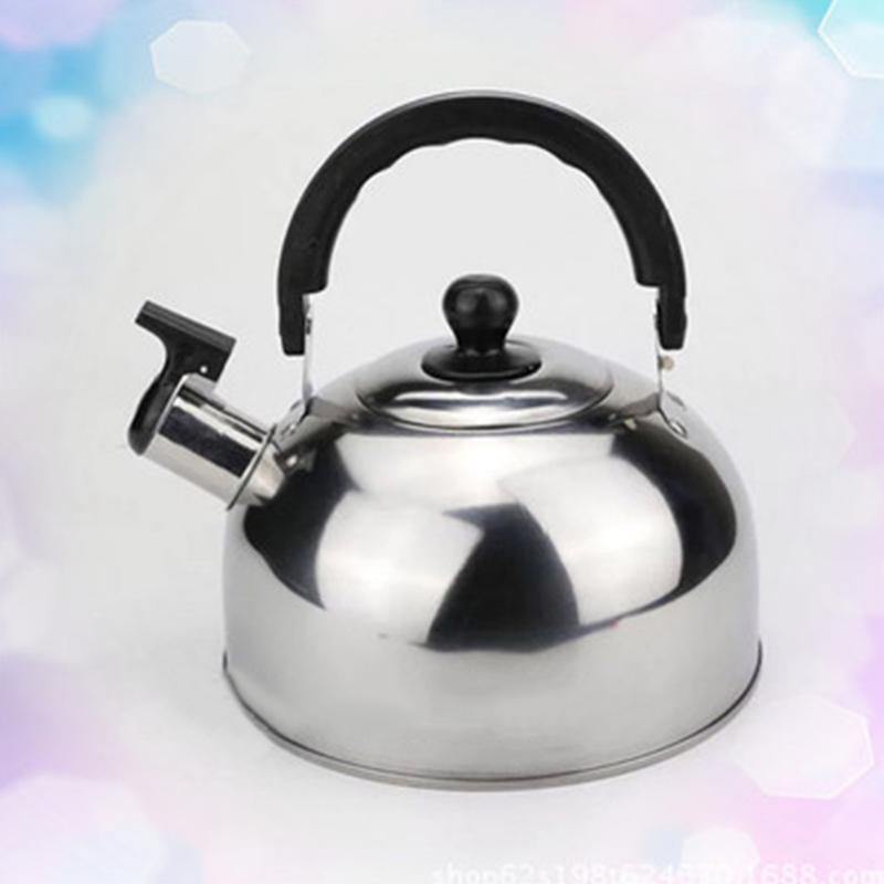 Stainless steel whistling kettle 3 liter with black stay-cool handle and flip-up spout, ideal for safe easy pouring on all stovetops.