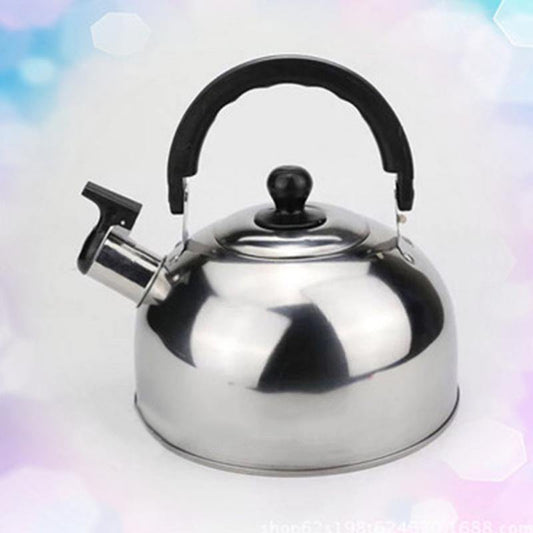 Stainless steel whistling kettle 3 liter with black stay-cool handle and flip-up spout, ideal for safe easy pouring on all stovetops.